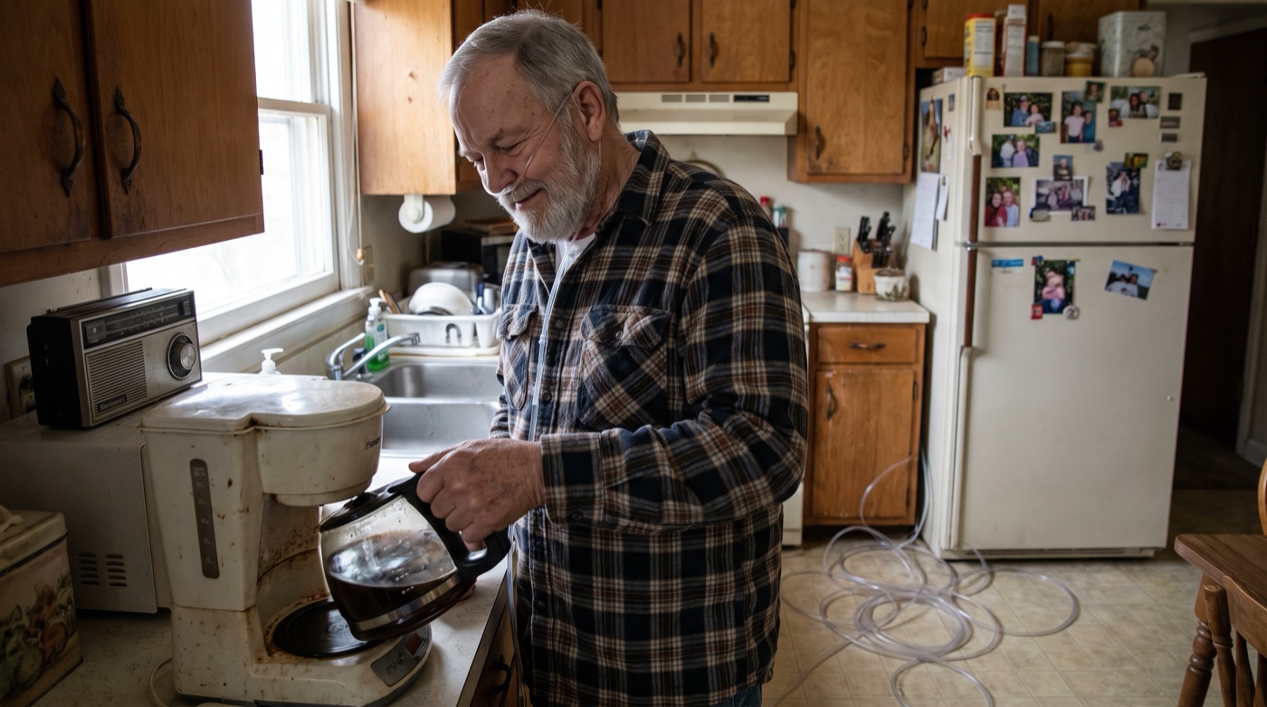 Frank pouring his morning coffee at the kitchen counter